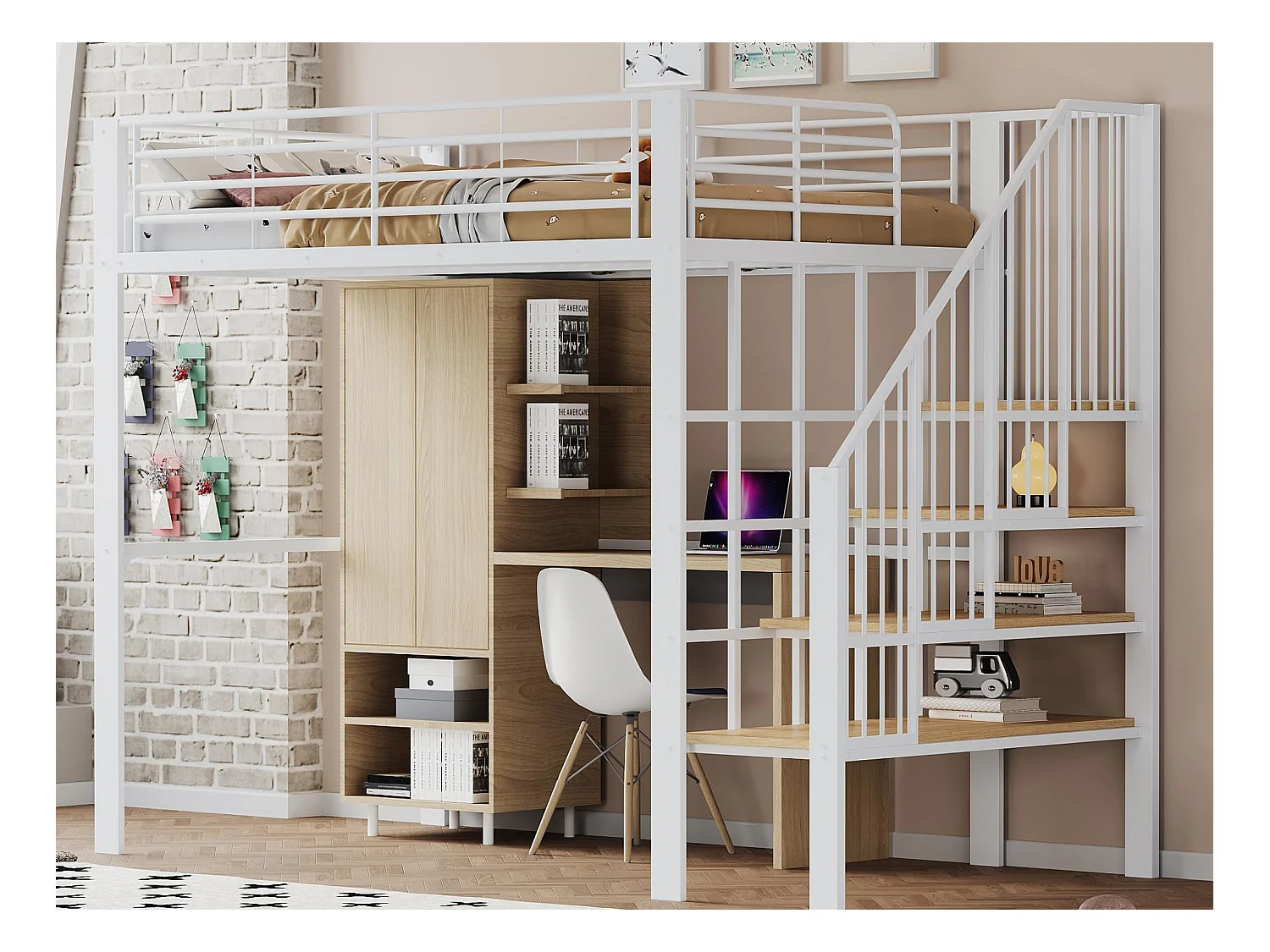Łóżko mezzanine 140x200cm z metalu - z półkami i drabiną bezpieczeństwa - Białe (materac nie jest w zestawie)