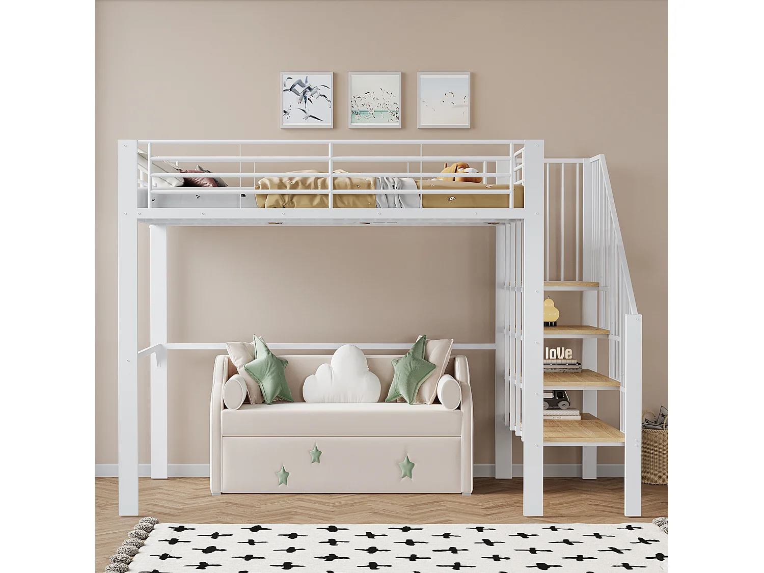 Lit mezzanine 140x200cm en métal - avec étagères et échelle de sécurité - Blanc (matelas non inclus)