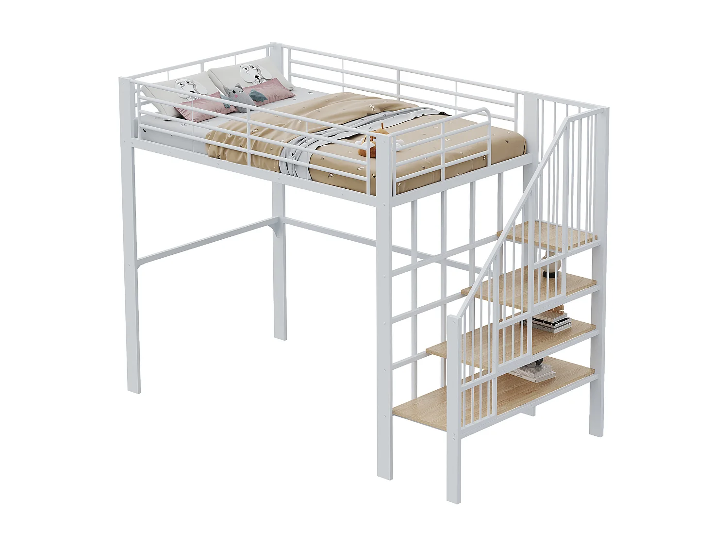 Lit mezzanine 140x200cm en métal - avec étagères et échelle de sécurité - Blanc (matelas non inclus)