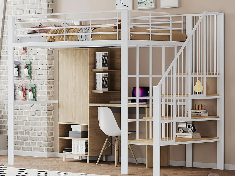 Lit mezzanine 140x200cm en métal - avec étagères et échelle de sécurité - Blanc (matelas non inclus)