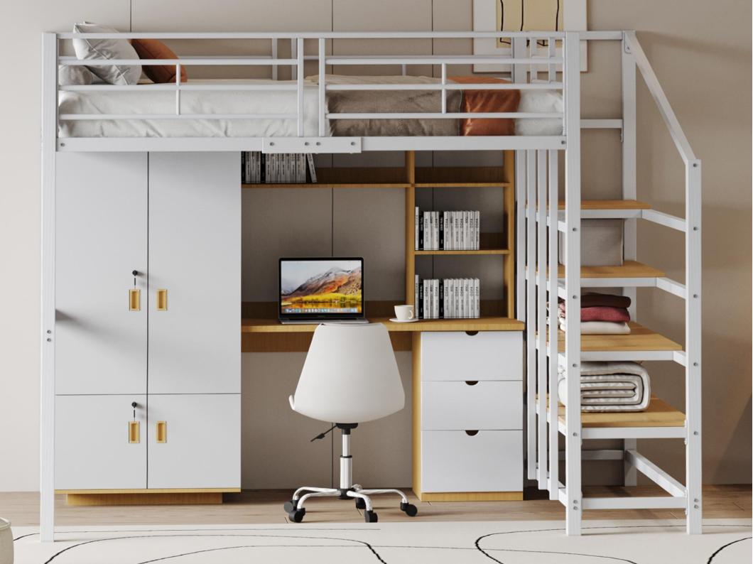 Cama entrepiso de metal 140x200cm - con estantes y escalera de seguridad - Blanco (colchón no incluido)