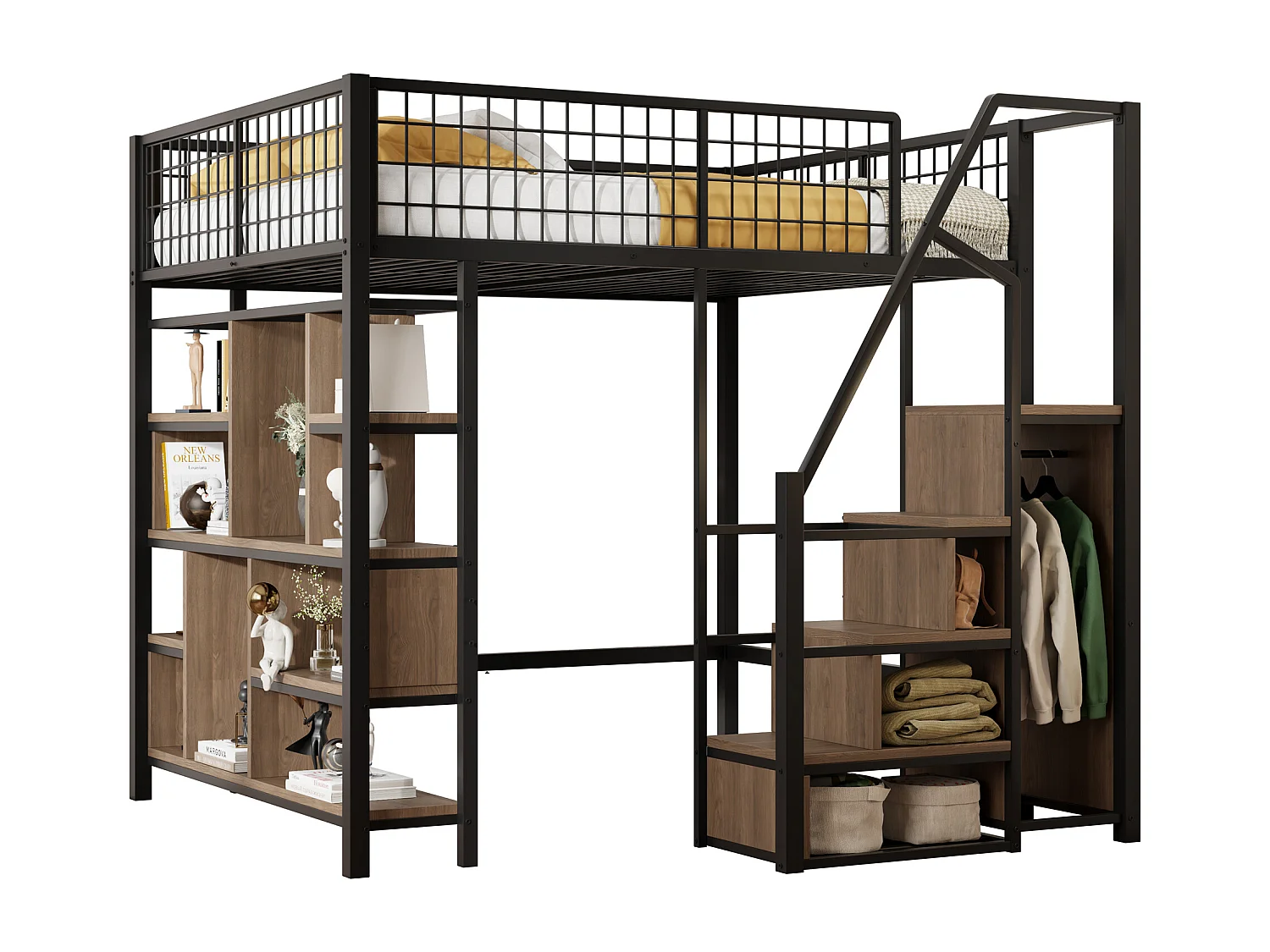 Cama entrepiso de metal 140x200cm - con estantes y escaleras - Negro (colchón no incluido)