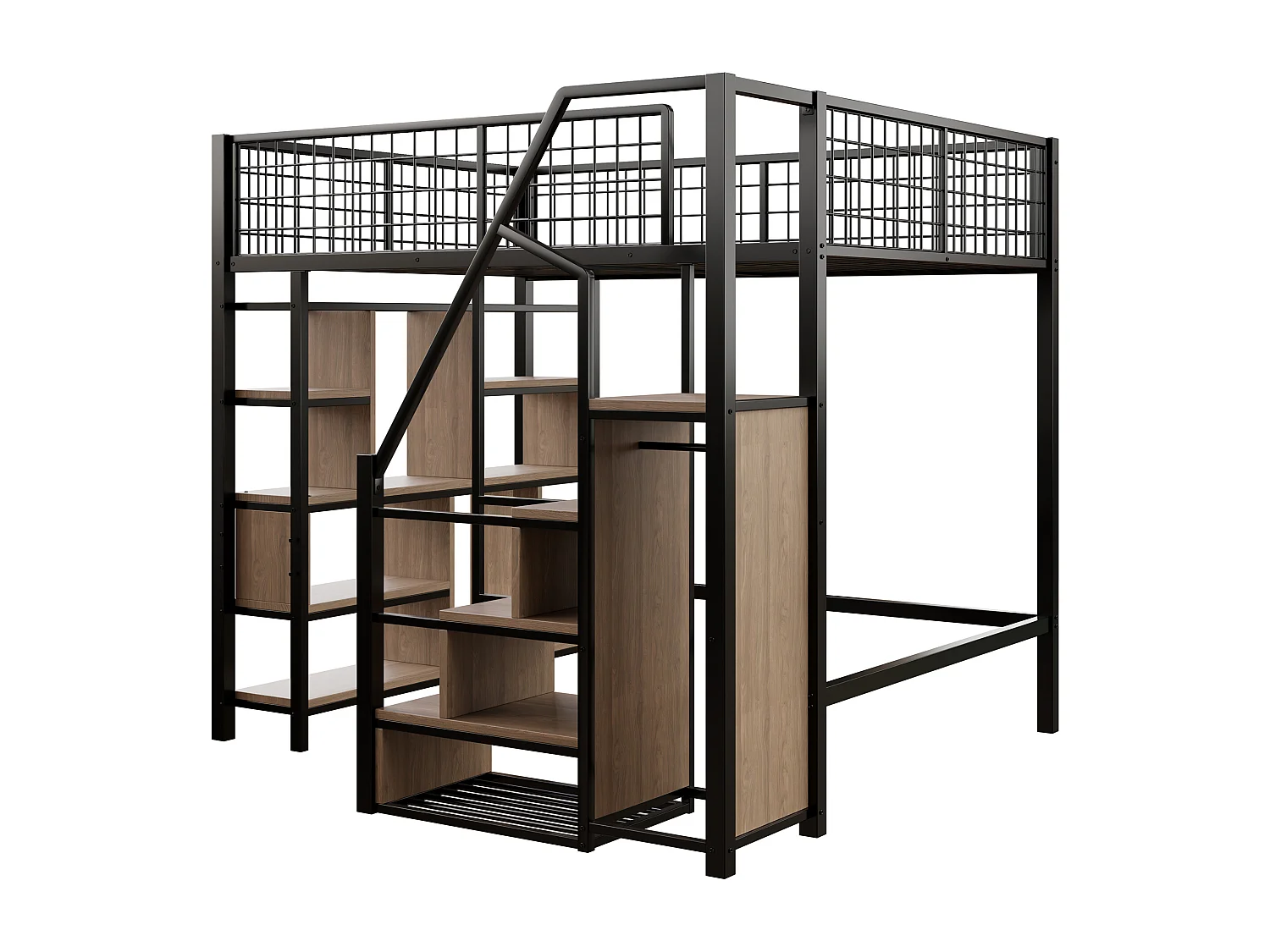 Cama entrepiso de metal 140x200cm - con estantes y escaleras - Negro (colchón no incluido)