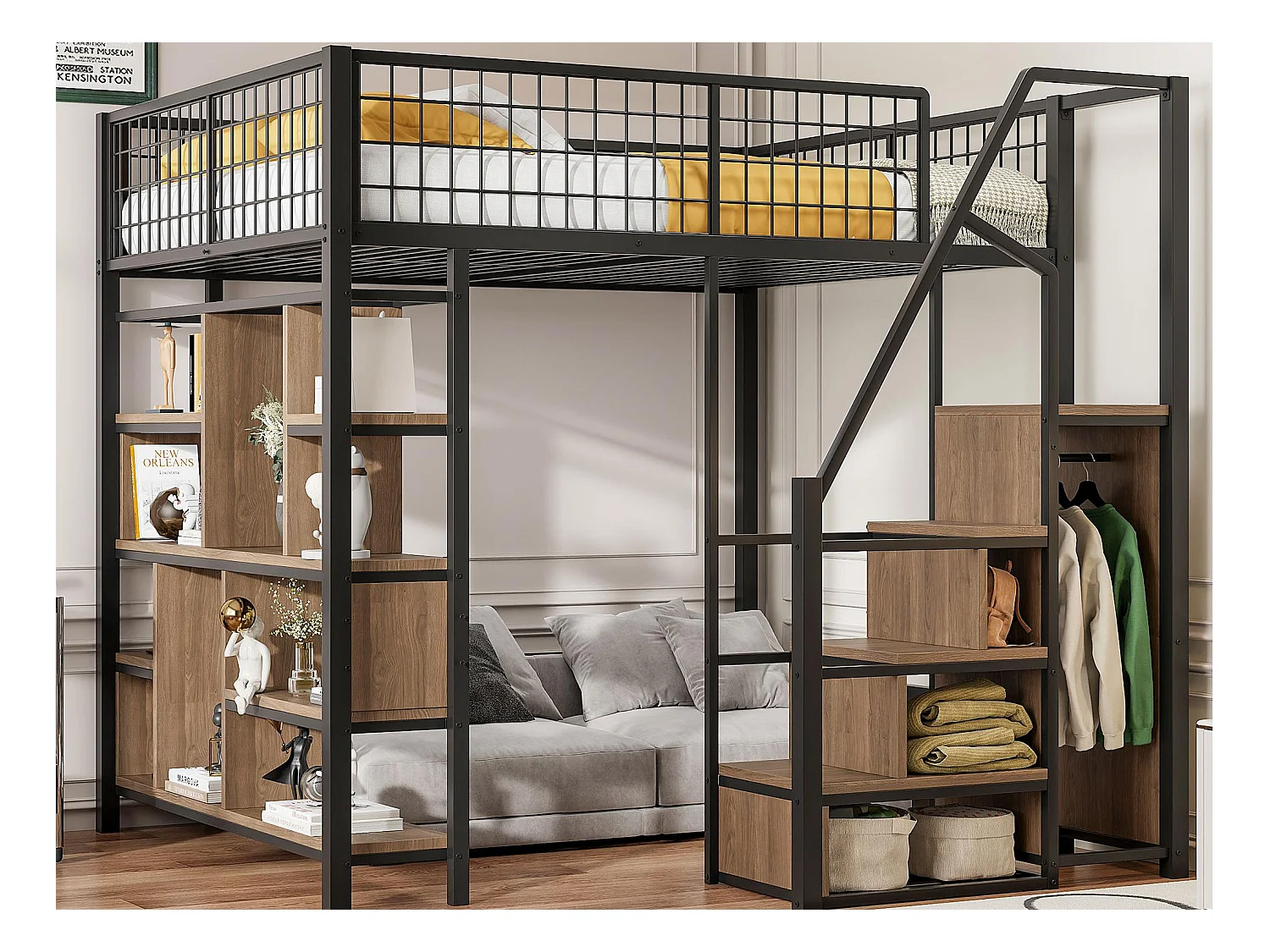 Lit mezzanine 140x200cm en métal - avec étagères et escalier - Noir (matelas non inclus)