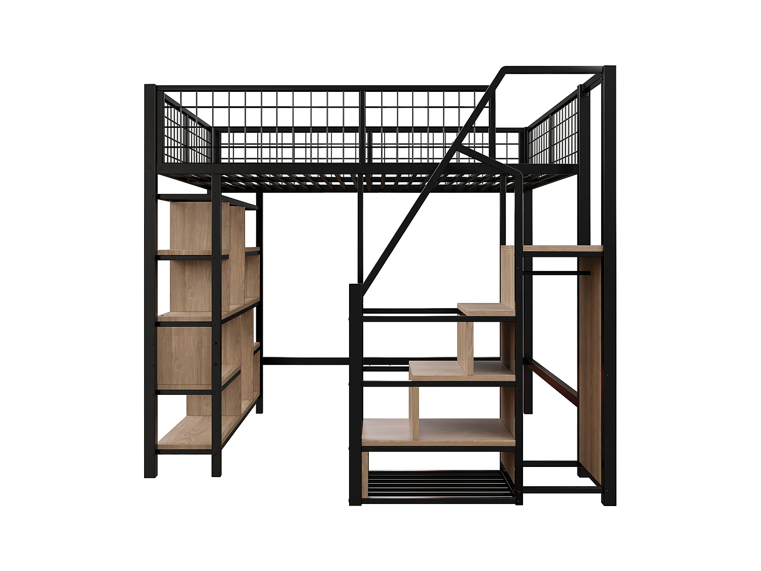 Lit mezzanine 140x200cm en métal - avec étagères et escalier - Noir (matelas non inclus)