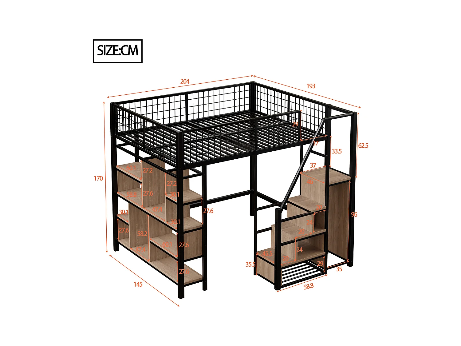 Lit mezzanine 140x200cm en métal - avec étagères et escalier - Noir (matelas non inclus)