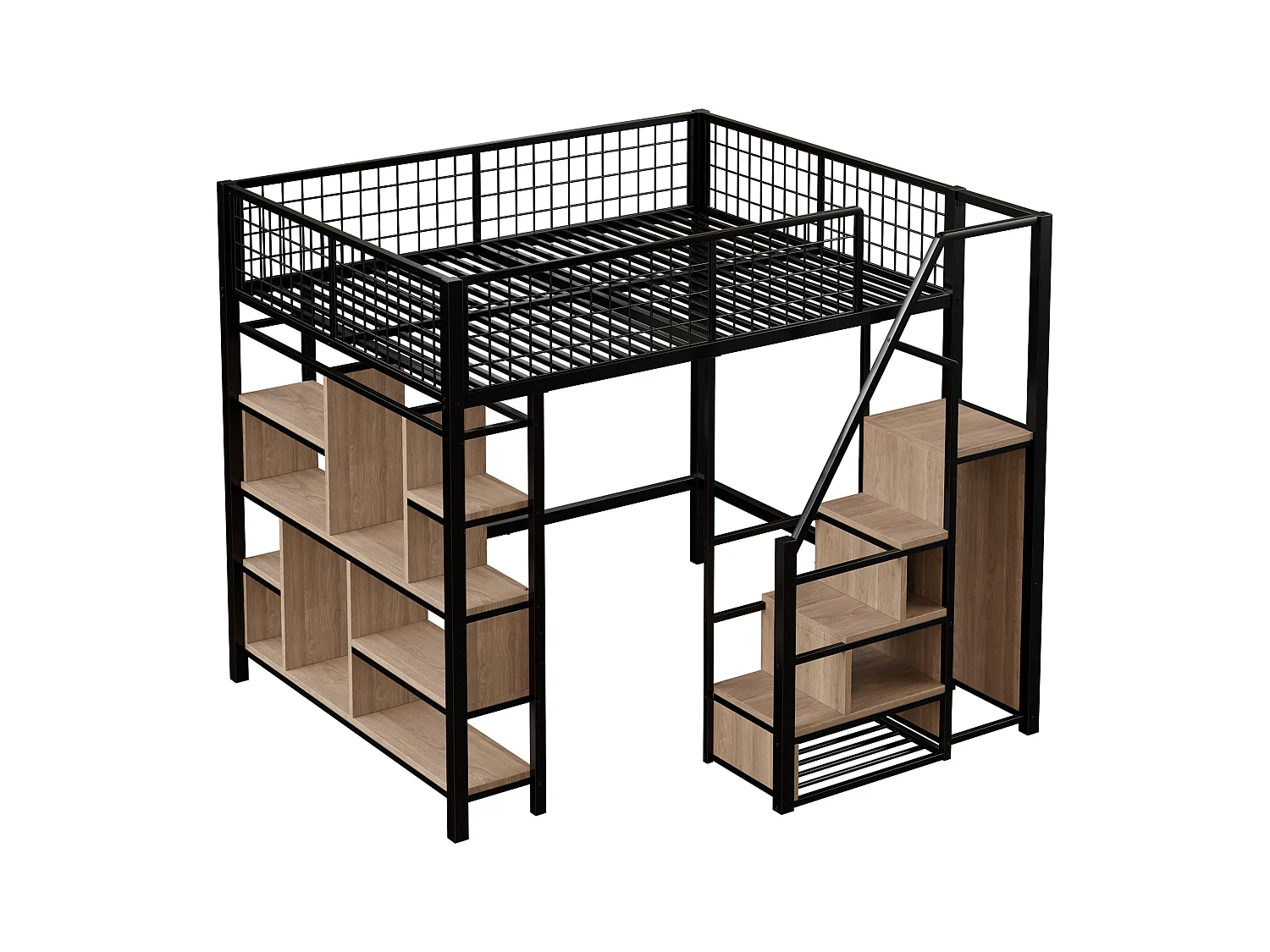 Lit mezzanine 140x200cm en métal - avec étagères et escalier - Noir (matelas non inclus)