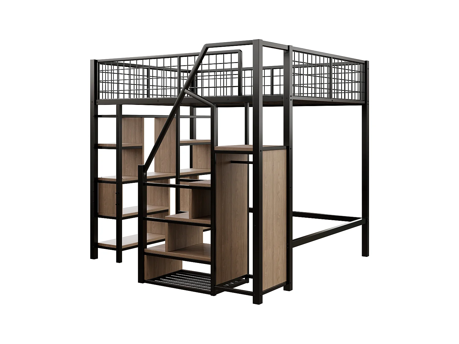 Lit mezzanine 140x200cm en métal - avec étagères et escalier - Noir (matelas non inclus)