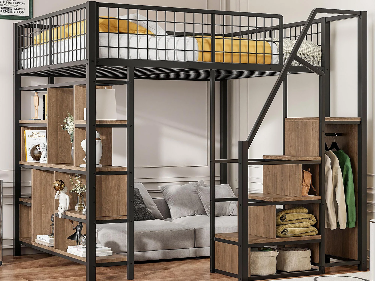 Cama mezanino metálica 140x200cm - com prateleiras e escadas - Preto (colchão não incluído)