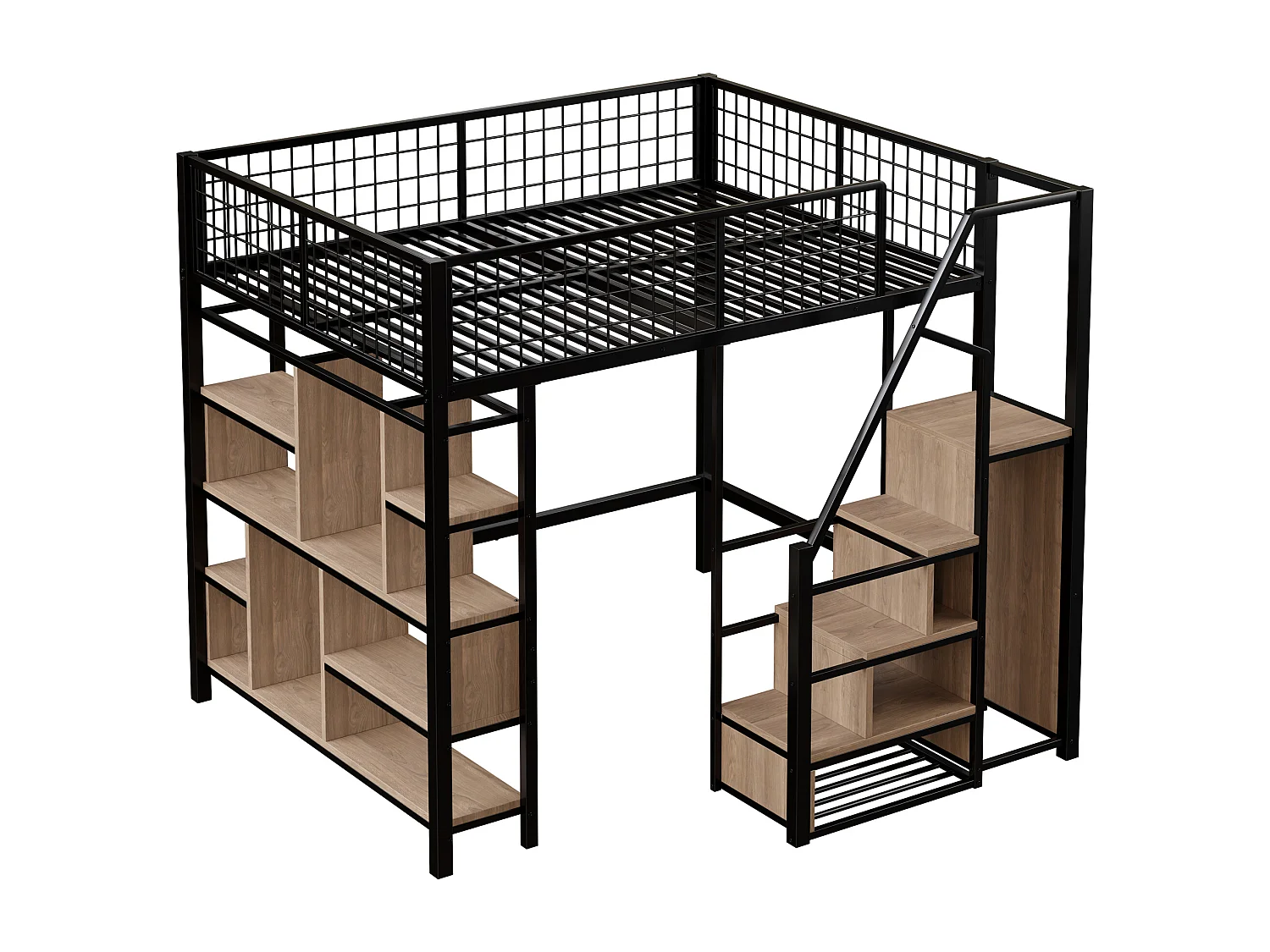 Cama mezanino metálica 140x200cm - com prateleiras e escadas - Preto (colchão não incluído)