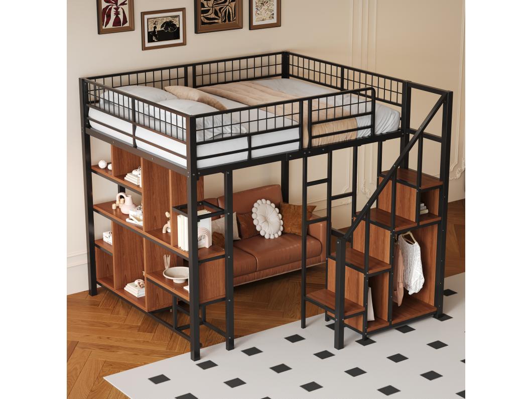 Cama mezanino metálica 140x200cm - com prateleiras e escadas - Preto (colchão não incluído)