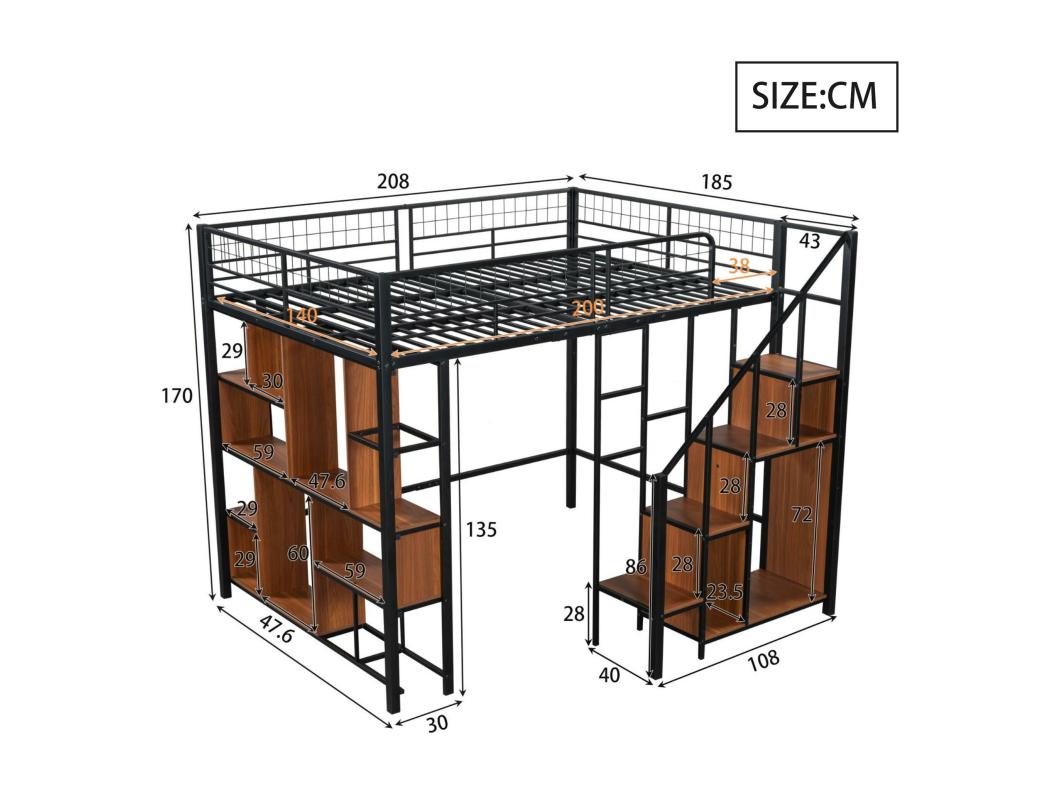 Cama entrepiso de metal 140x200cm - con estantes y escaleras - Negro (colchón no incluido)