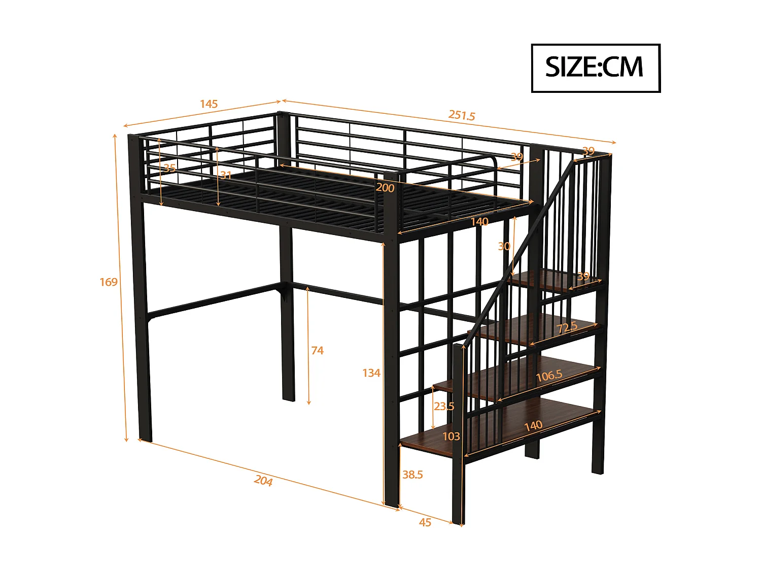 Cama entrepiso de metal 140x200cm - con estantes y escalera de seguridad - Negro (colchón no incluido)