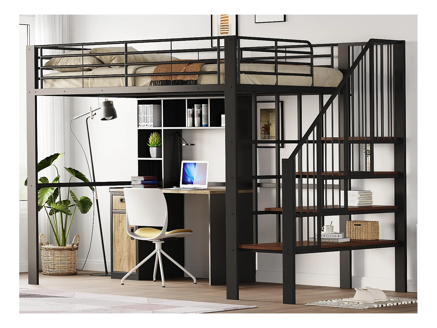Metalen tussenbed 140x200cm - met planken en veiligheidsladder - Zwart (matras niet inbegrepen)
