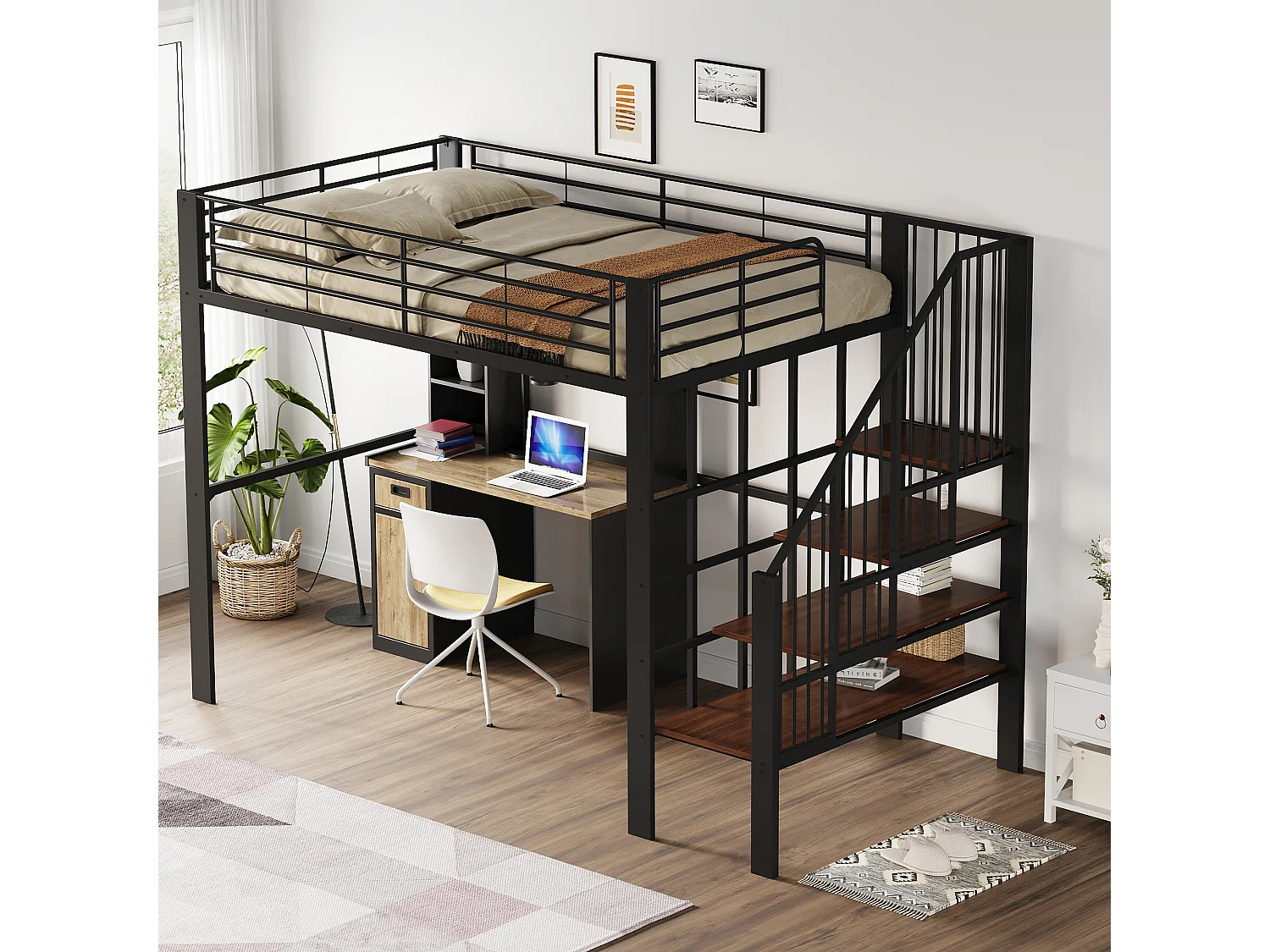 Lit mezzanine 140x200cm en métal - avec étagères et échelle de sécurité - Noir (matelas non inclus)