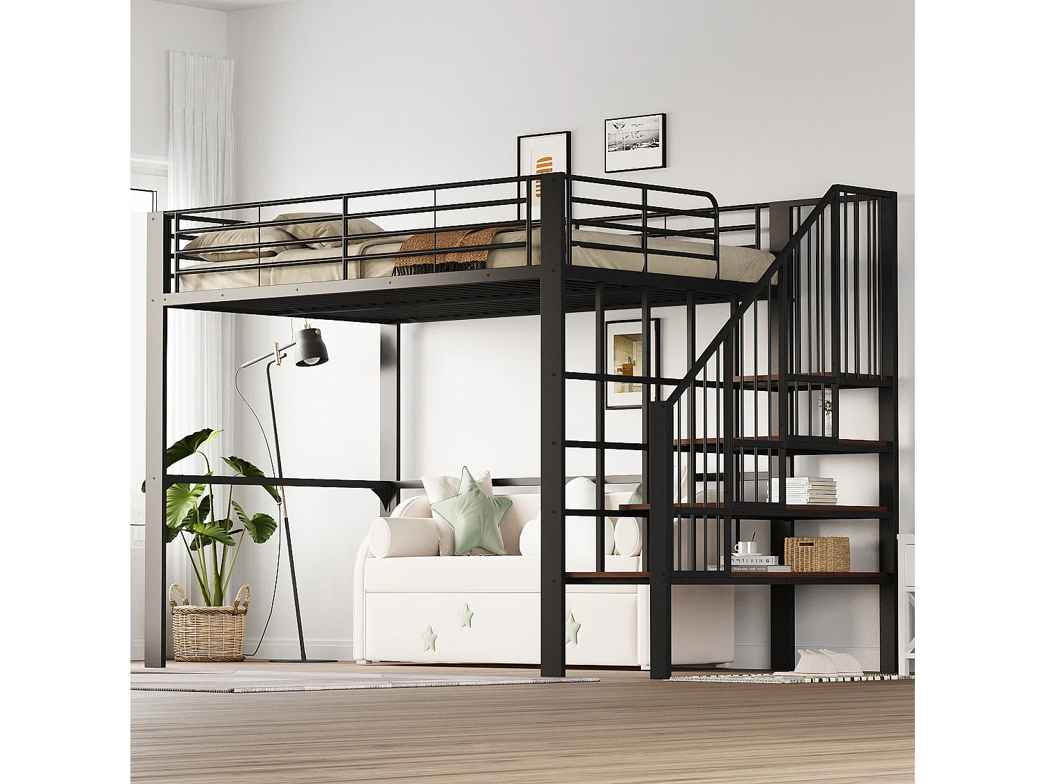 Lit mezzanine 140x200cm en métal - avec étagères et échelle de sécurité - Noir (matelas non inclus)