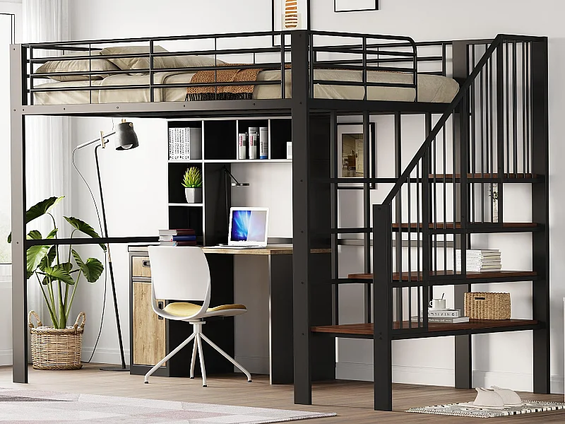 Cama mezanino metálica 140x200cm - com prateleiras e escada de segurança - Preto (colchão não incluído)