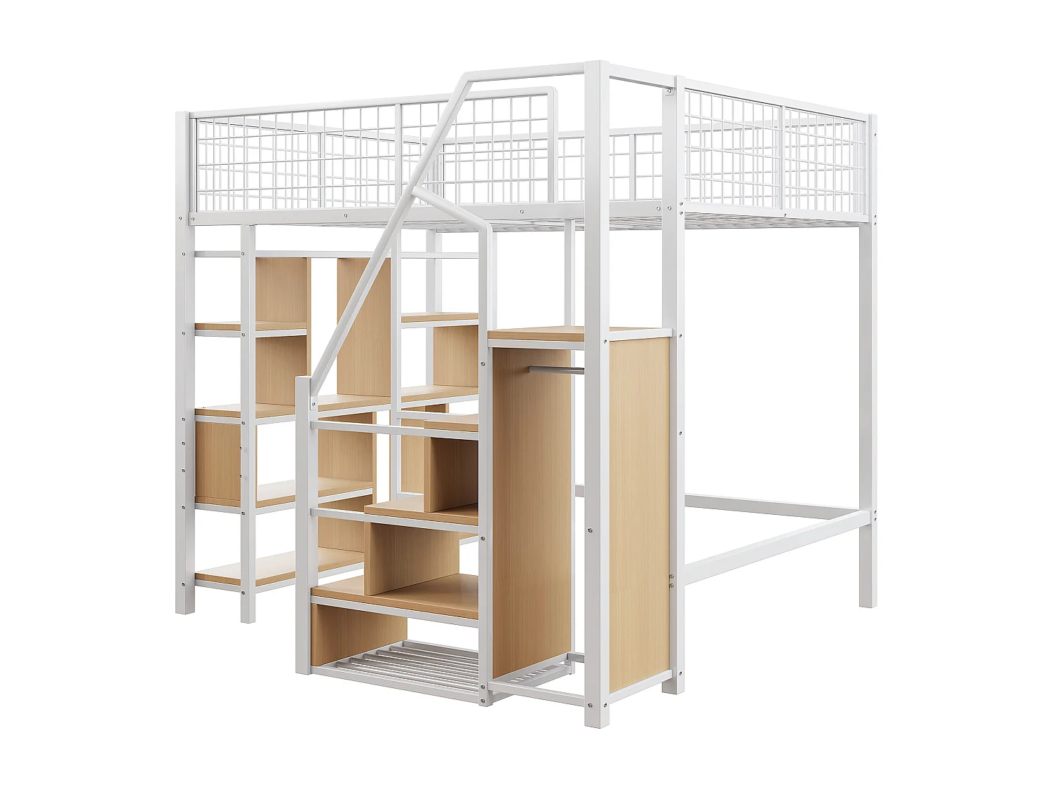 Cama entrepiso de metal 140x200cm - con estantes y escaleras - Blanco (colchón no incluido)