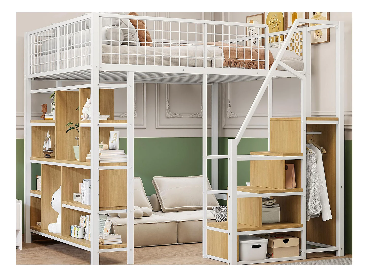Lit mezzanine 140x200cm en métal - avec étagères et escalier - Blanc (matelas non inclus)