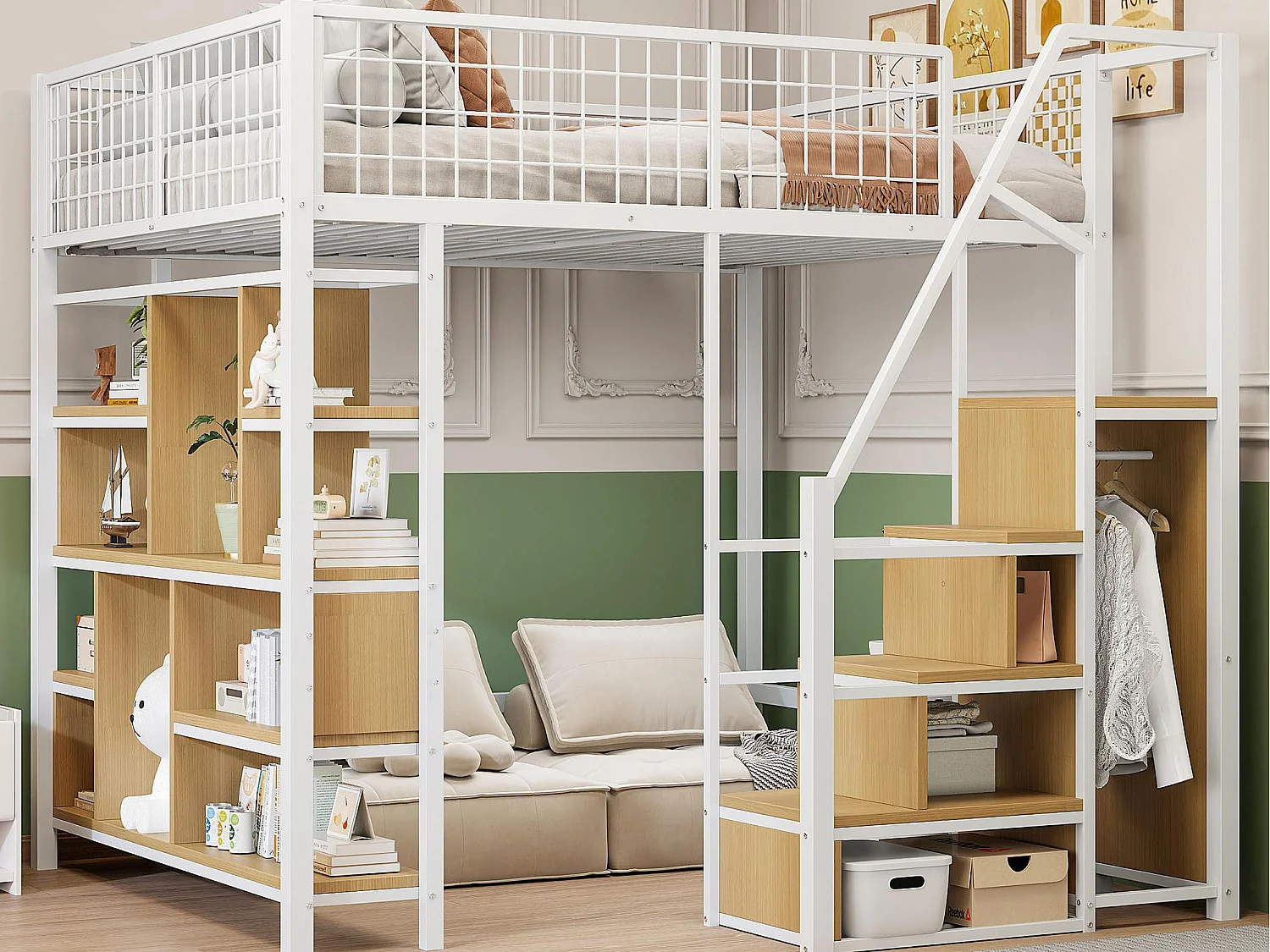 Lit mezzanine 140x200cm en métal - avec étagères et escalier - Blanc (matelas non inclus)