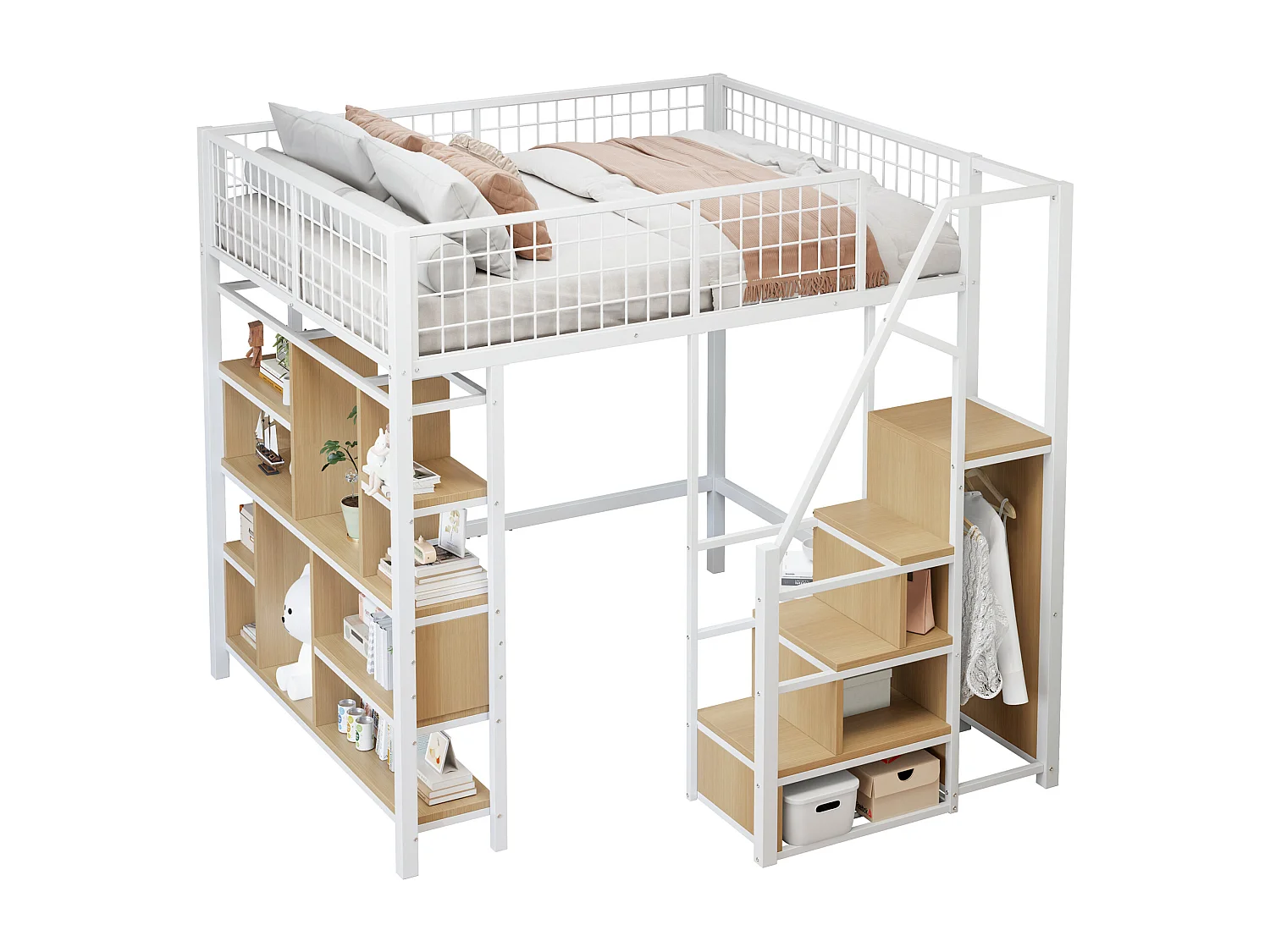 Lit mezzanine 140x200cm en métal - avec étagères et escalier - Blanc (matelas non inclus)