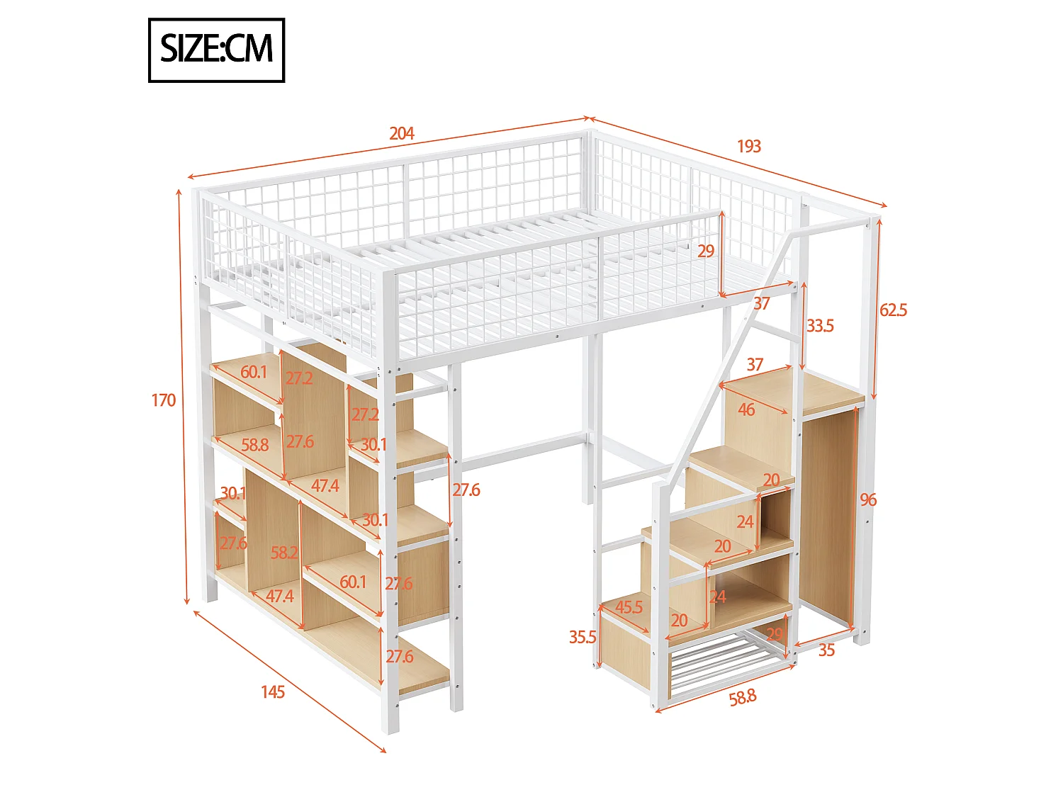 Lit mezzanine 140x200cm en métal - avec étagères et escalier - Blanc (matelas non inclus)