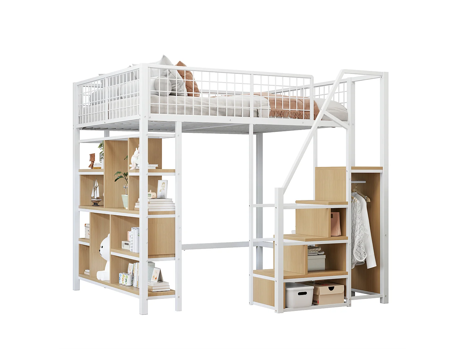 Lit mezzanine 140x200cm en métal - avec étagères et escalier - Blanc (matelas non inclus)