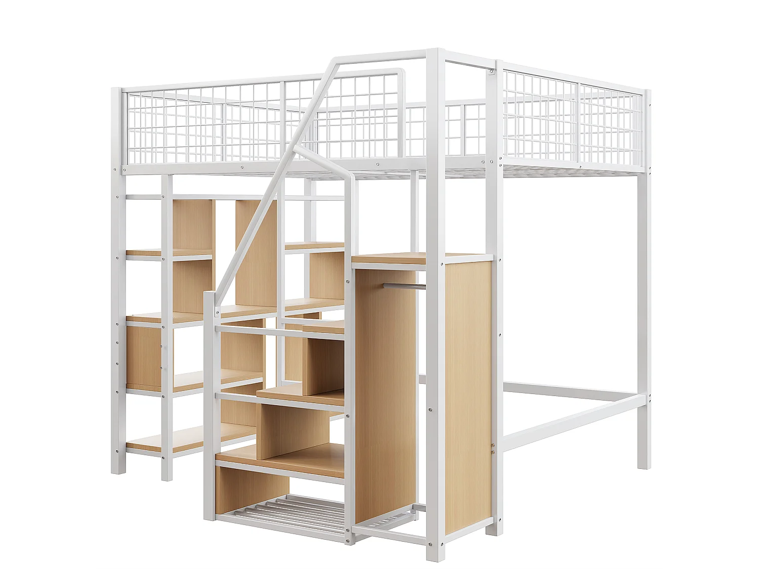 Lit mezzanine 140x200cm en métal - avec étagères et escalier - Blanc (matelas non inclus)