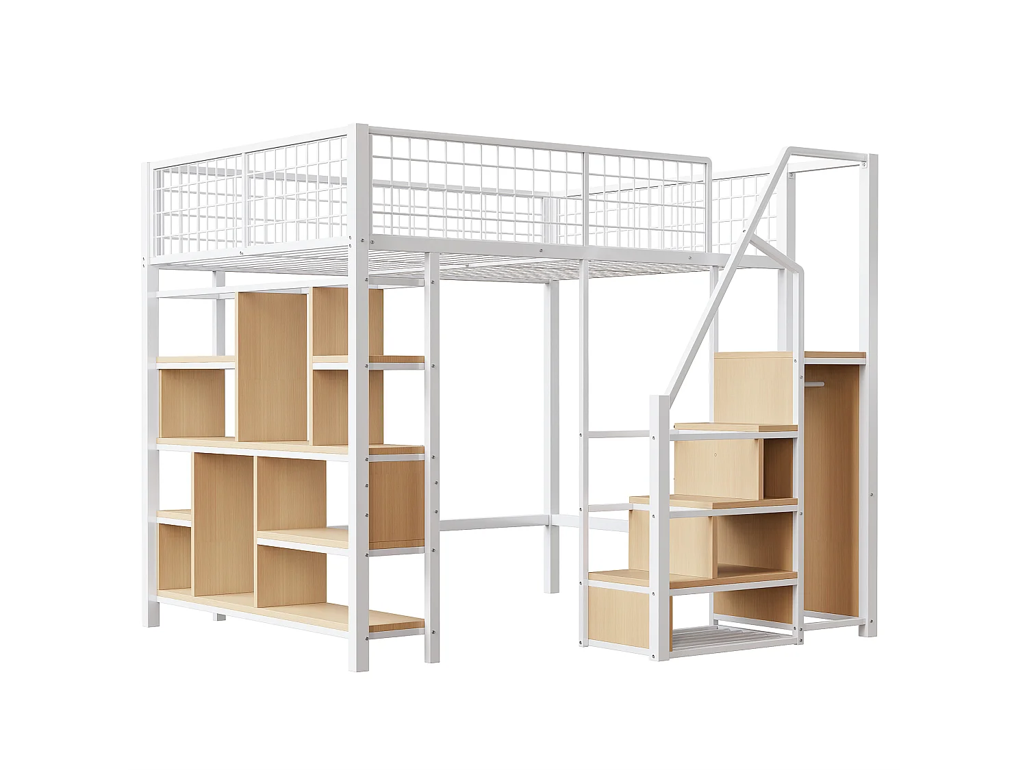 Lit mezzanine 140x200cm en métal - avec étagères et escalier - Blanc (matelas non inclus)