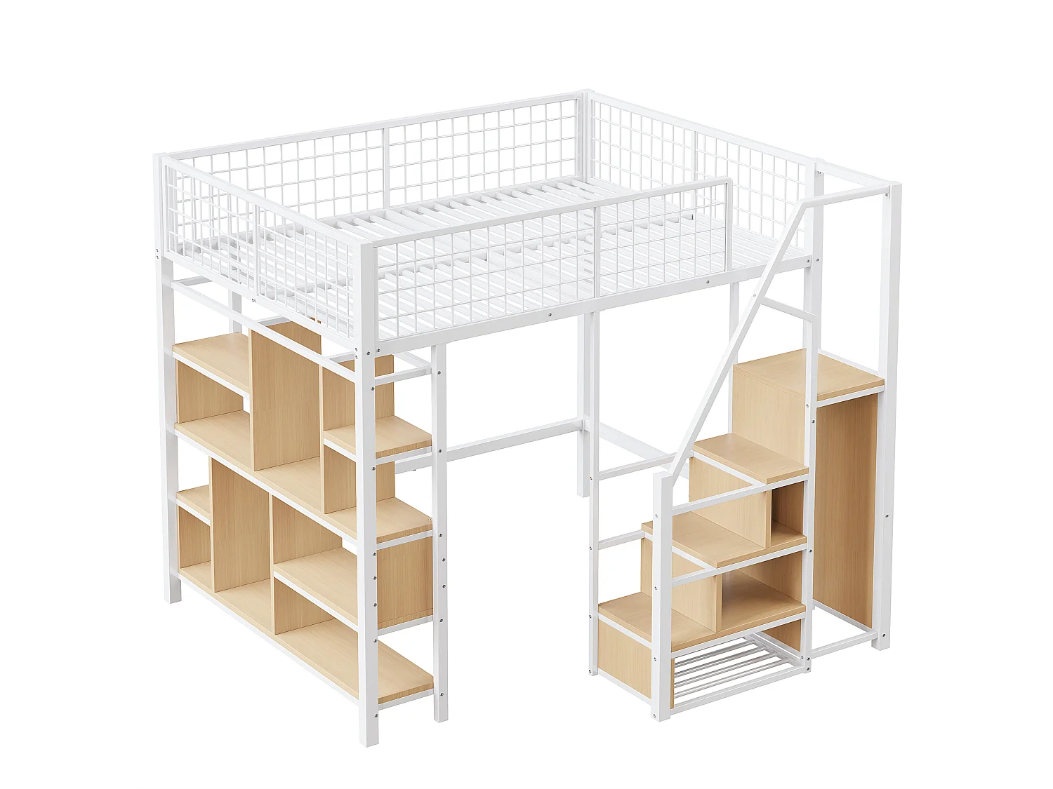 Lit mezzanine 140x200cm en métal - avec étagères et escalier - Blanc (matelas non inclus)