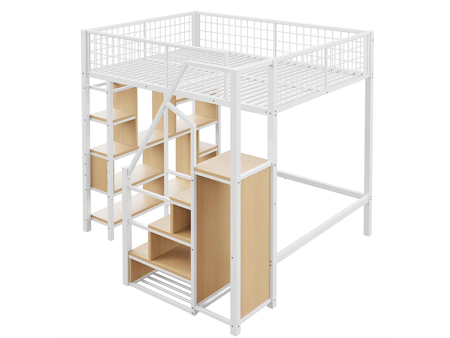 Lit mezzanine 140x200cm en métal - avec étagères et escalier - Blanc (matelas non inclus)
