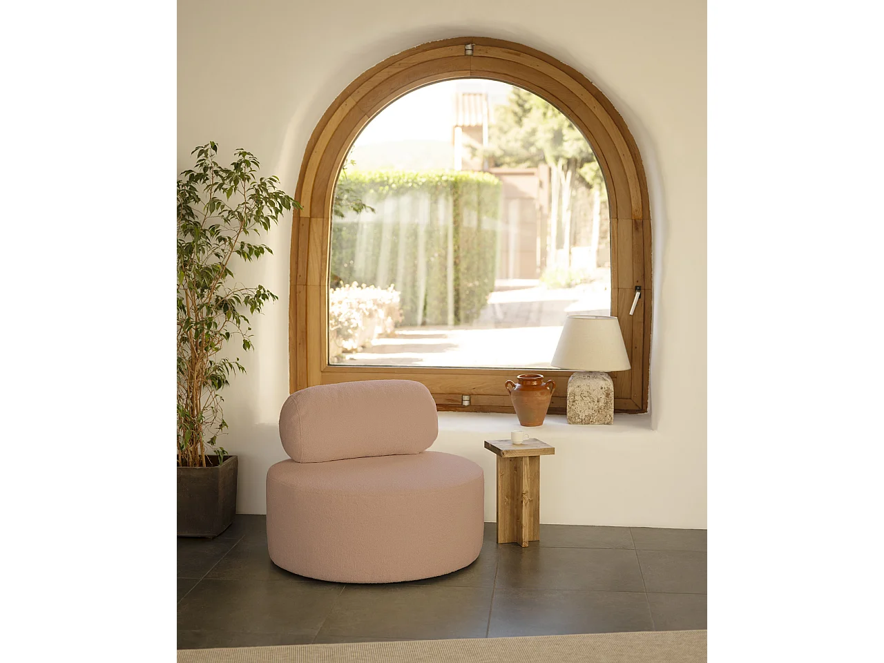 Sillón de buclé redonda color rosa 105x50cm - ANE - DECOWOOD