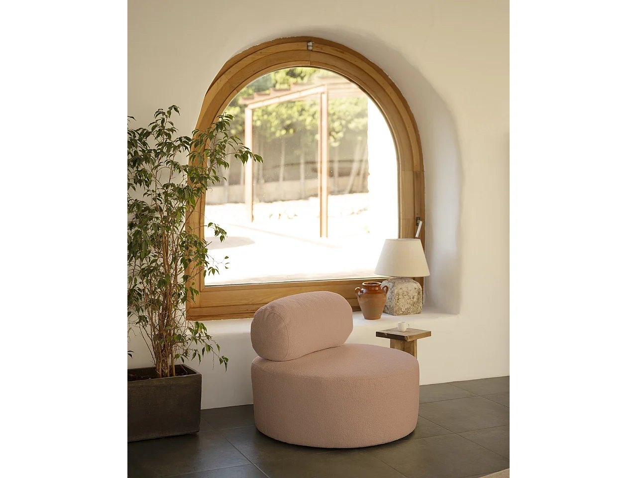 Sillón de buclé redonda color rosa 105x50cm - ANE - DECOWOOD