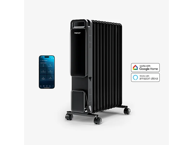Pro Breeze Radiateur de chauffage écologique omniwarm 2500 w à 11 ailettes rempli d'huile avec affichage numérique et contrôle intelligent par application - noir