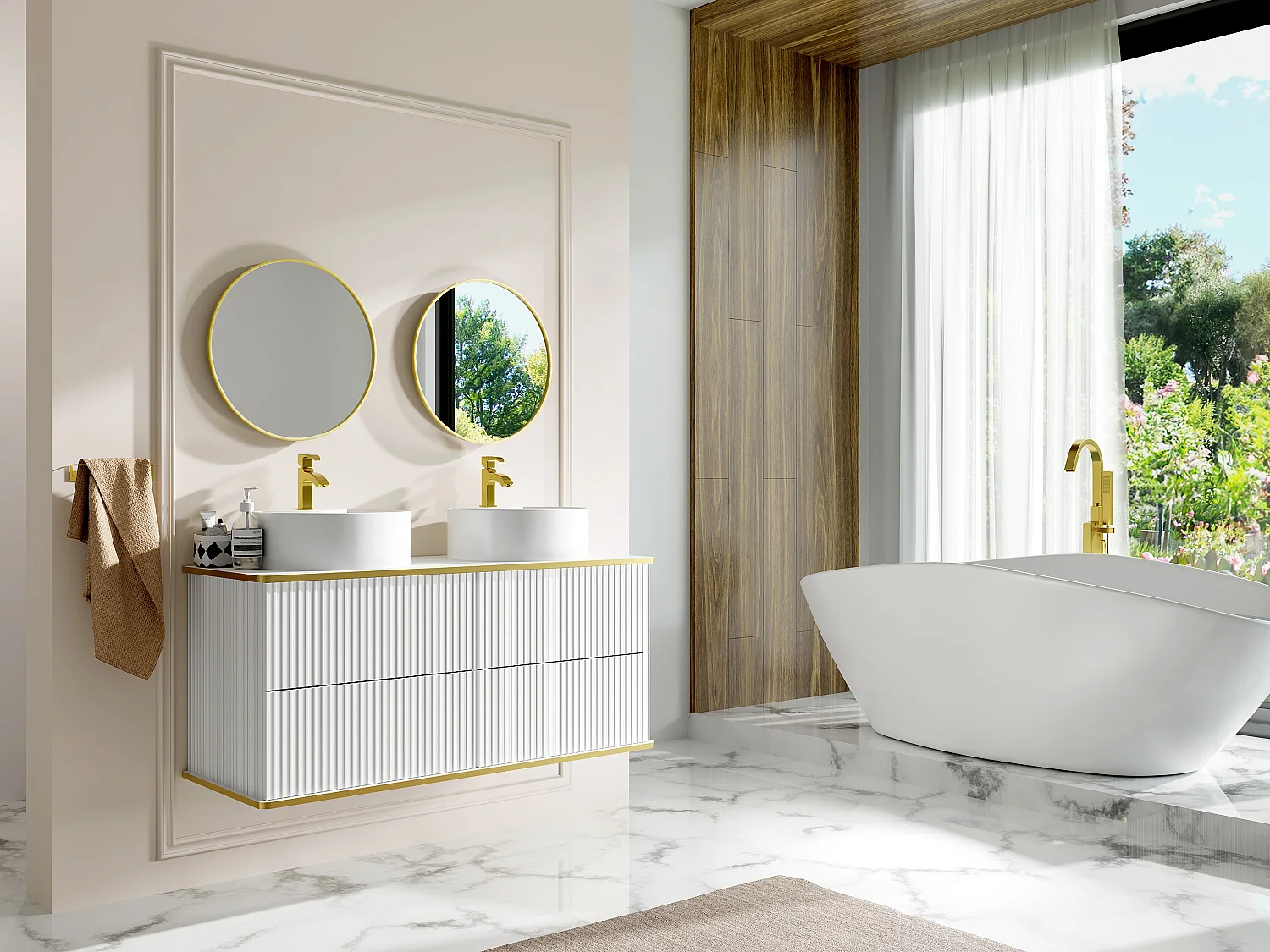 Waschbeckenunterschrank hängend mit rundem Doppelaufsatzwaschbecken - Streifenoptik - Goldfarbene Umrandung - Weiß - 120 cm - KELIZA