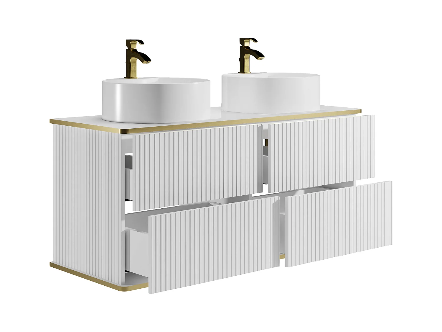 Baderomsmøbel hengende stripet med gullisting med dobbelt rund håndkum - Hvit - 120 cm - KELIZA