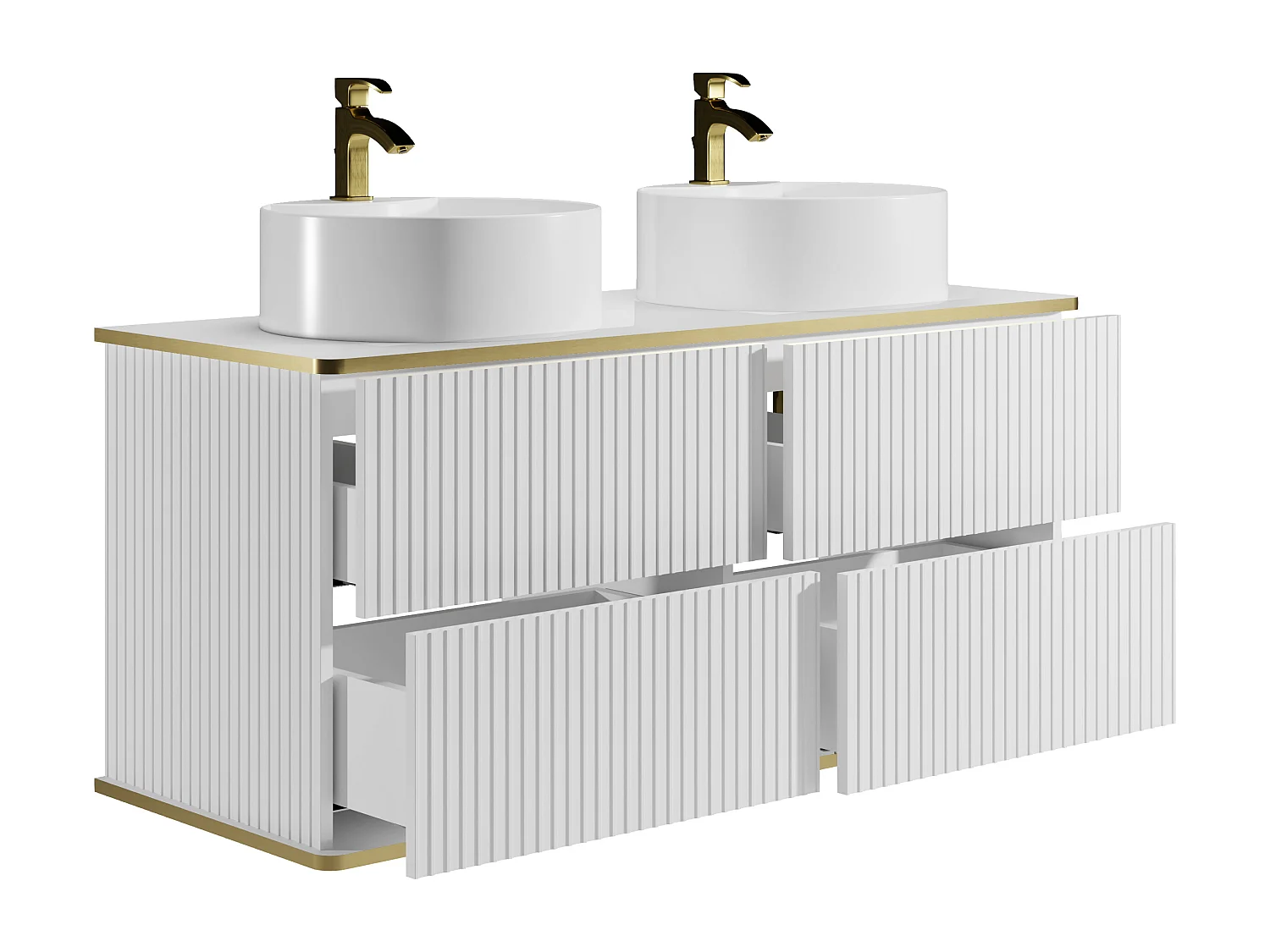 Hangmeubel voor badkamer met ribbels en goudkleurige rand met ronde opbouwwastafel - Wit - 120 cm - KELIZA