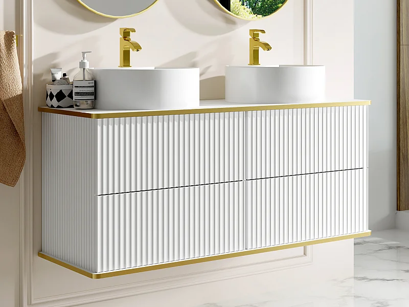 Waschbeckenunterschrank hängend mit rundem Doppelaufsatzwaschbecken - Streifenoptik - Goldfarbene Umrandung - Weiß - 120 cm - KELIZA