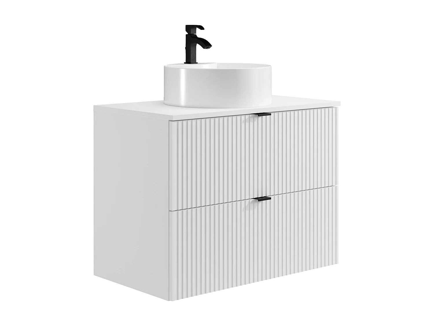 Mobile per bagno sospeso con scanalature e lavabo tondo da appoggio 80 cm Bianco opaco - ZEVINI