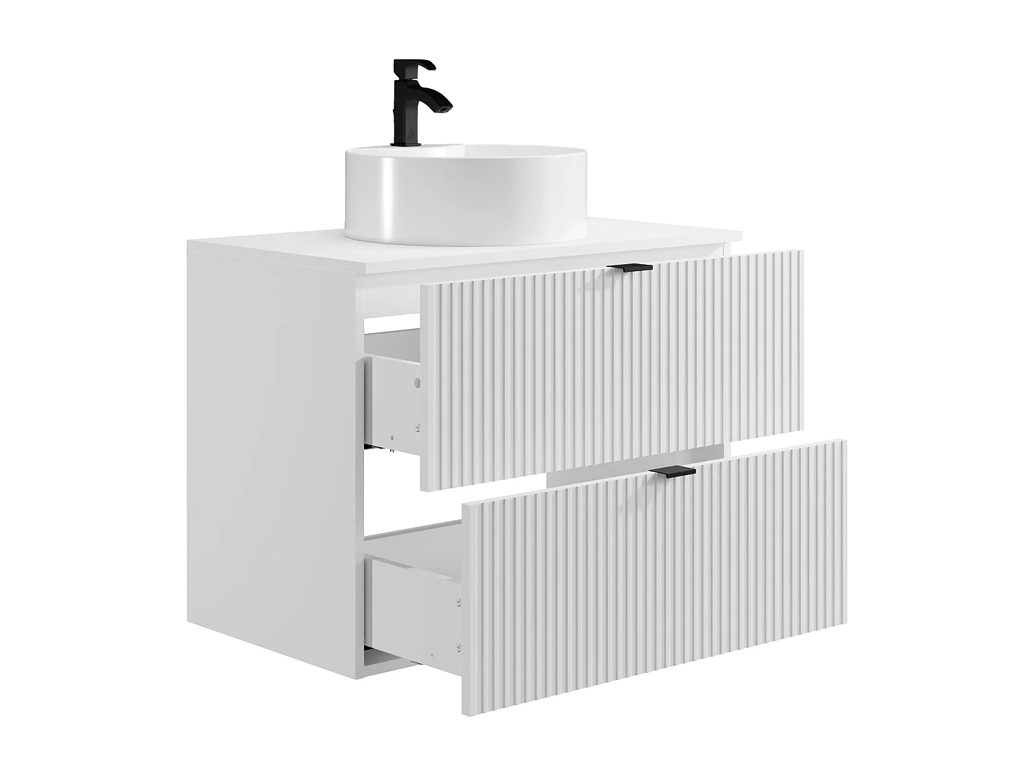 Meuble de salle de bain suspendu strié avec vasque ronde à poser - Blanc mat - 80 cm - ZEVINI