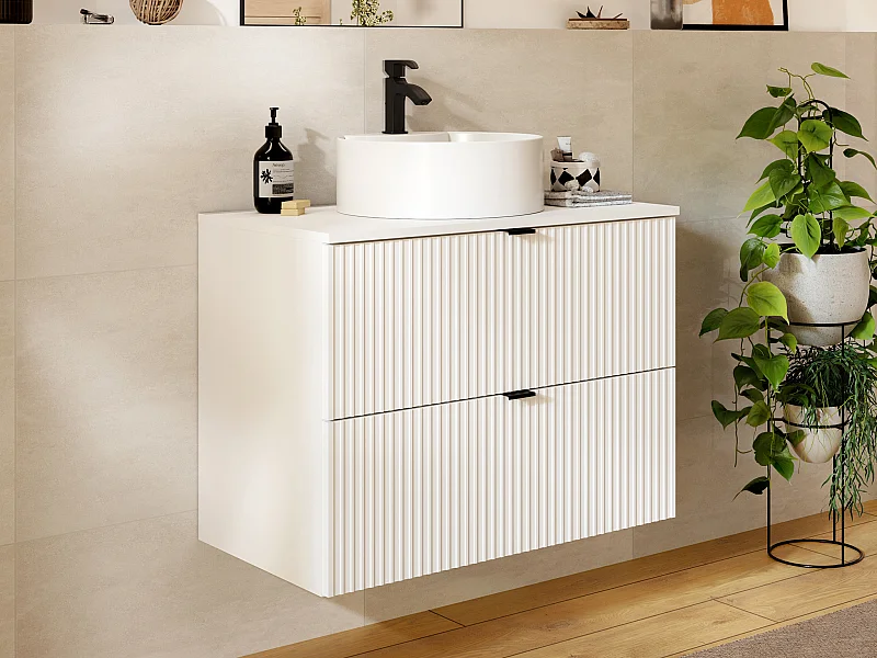 Szafka łazienkowa wisząca  ryflowana z okrągłą umywalką nablatową - Biały mat - 80 cm - ZEVINI