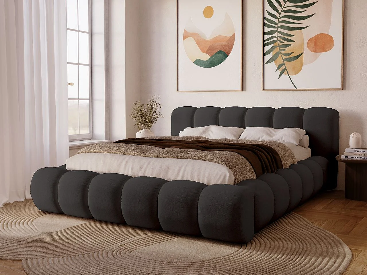 Gestoffeerd bed Doria 160x200 zwart - opbergruimte voor beddengoed, houten lattenbodem, doorgestikt hoofdbord en bedframe