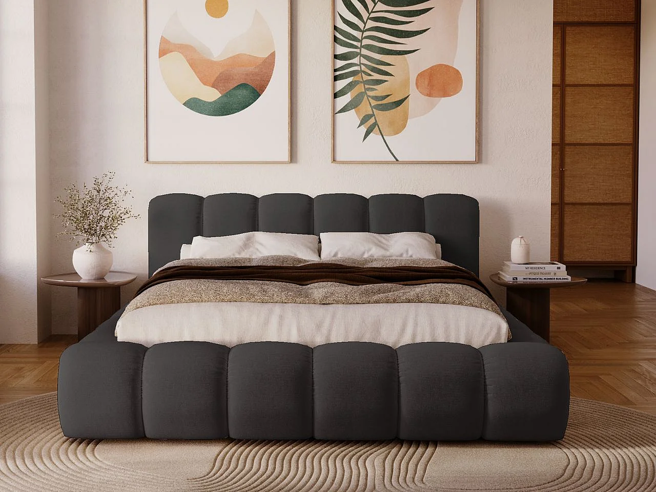 Gestoffeerd bed Doria 160x200 zwart - opbergruimte voor beddengoed, houten lattenbodem, doorgestikt hoofdbord en bedframe