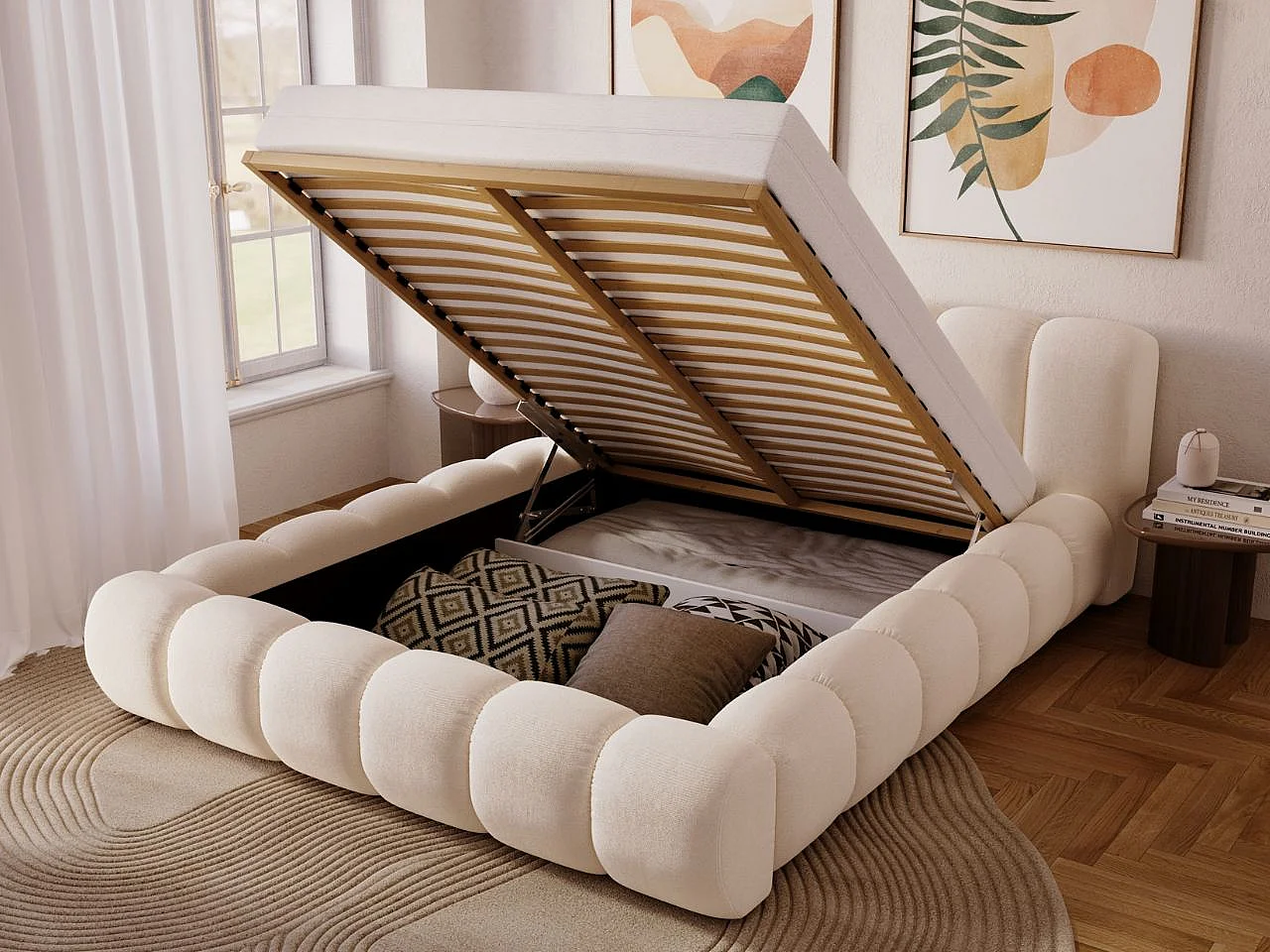 Gestoffeerd bed Doria 180x200 crème - opbergruimte voor beddengoed, houten lattenbodem, doorgestikt hoofdbord en bedframe