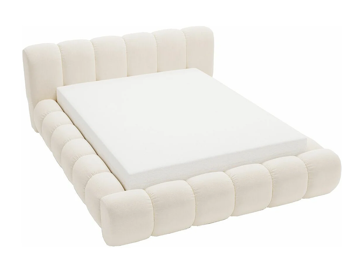 Gestoffeerd bed Doria 180x200 crème - opbergruimte voor beddengoed, houten lattenbodem, doorgestikt hoofdbord en bedframe