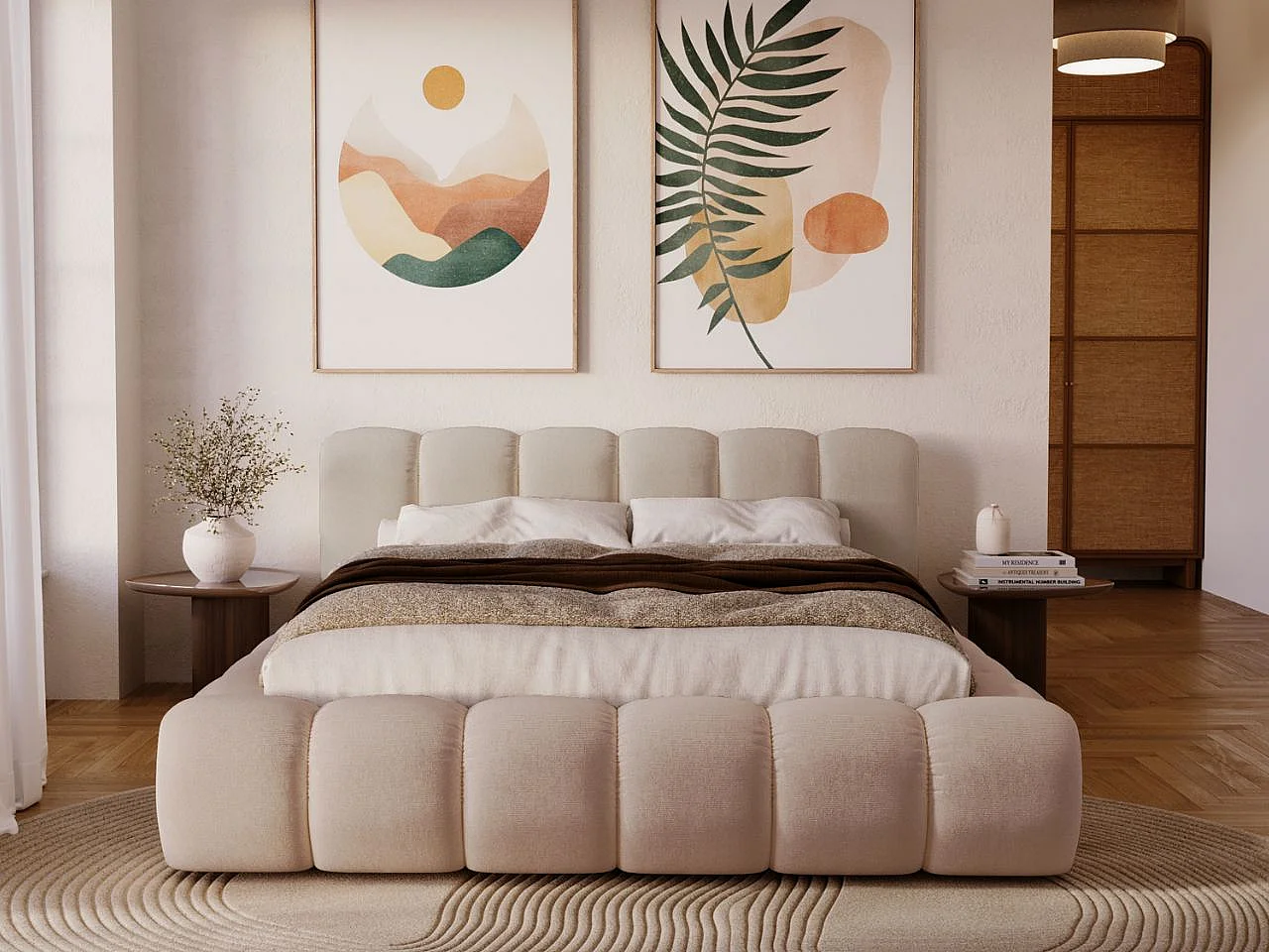 Gestoffeerd bed Doria 160x200 beige - opbergruimte voor beddengoed, houten lattenbodem, doorgestikt hoofdbord en bedframe