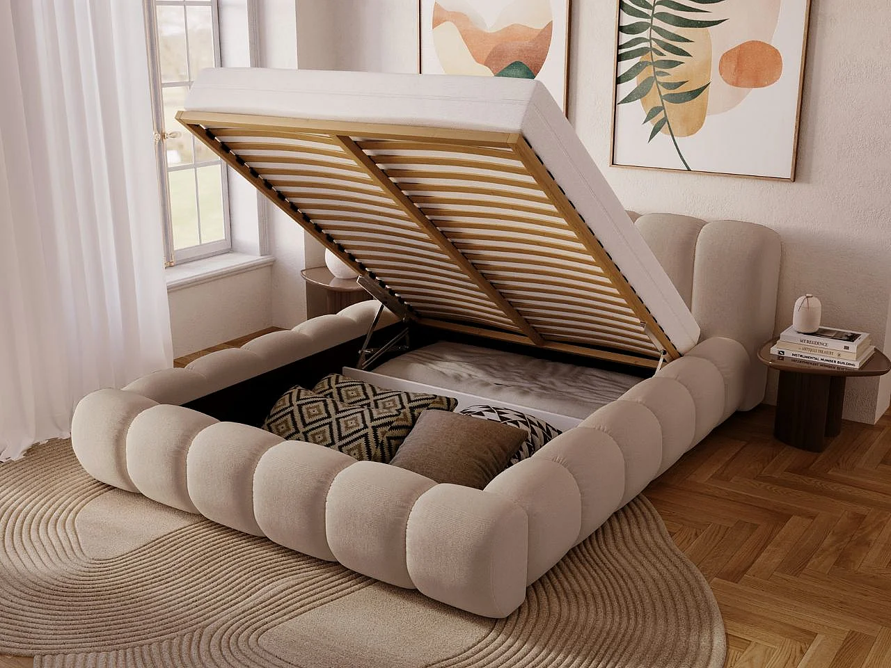 Gestoffeerd bed Doria 160x200 beige - opbergruimte voor beddengoed, houten lattenbodem, doorgestikt hoofdbord en bedframe