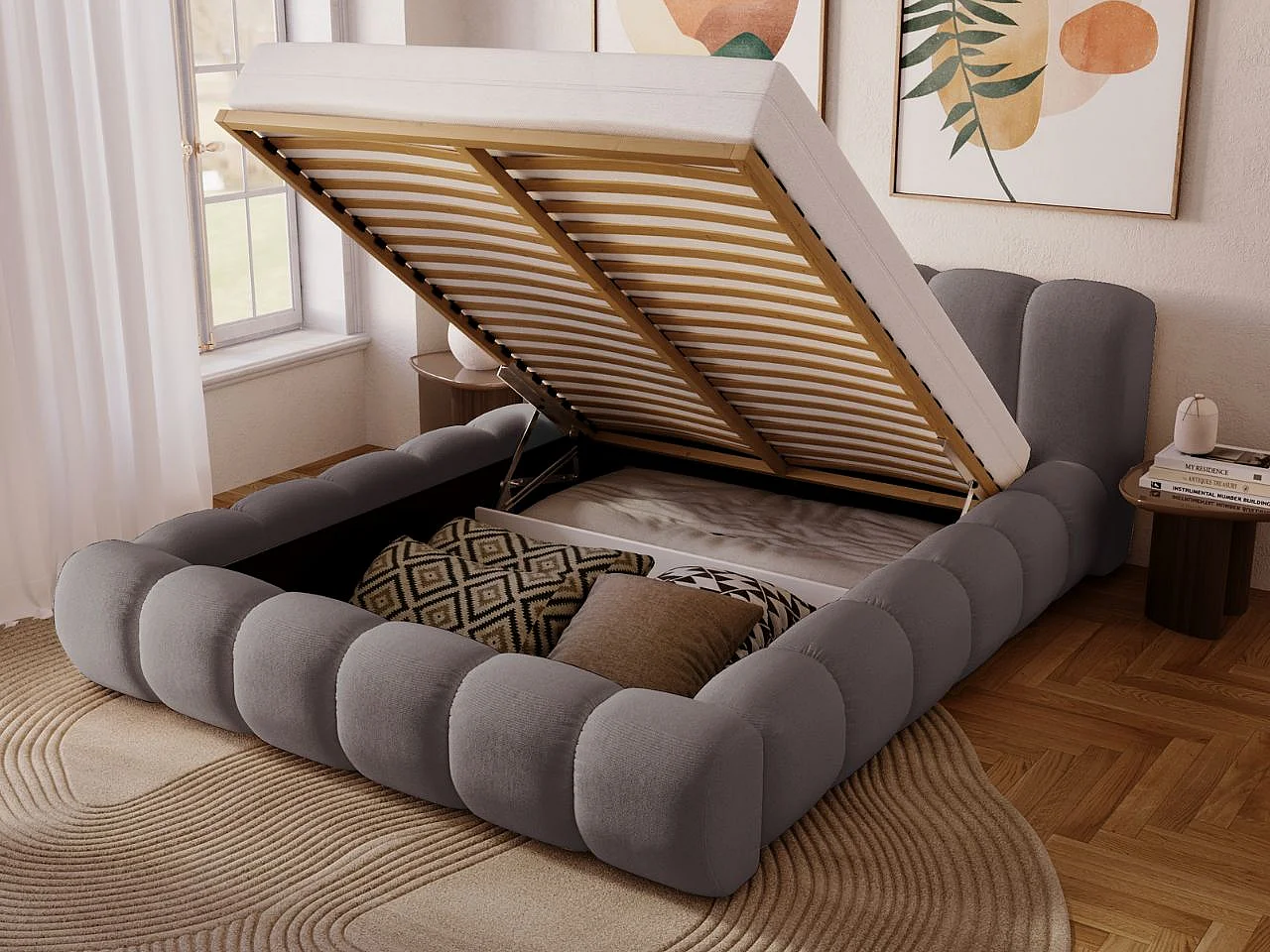 Lit rembourré avec rangement - 160 x 200 - lit double - velours - gris - Doria