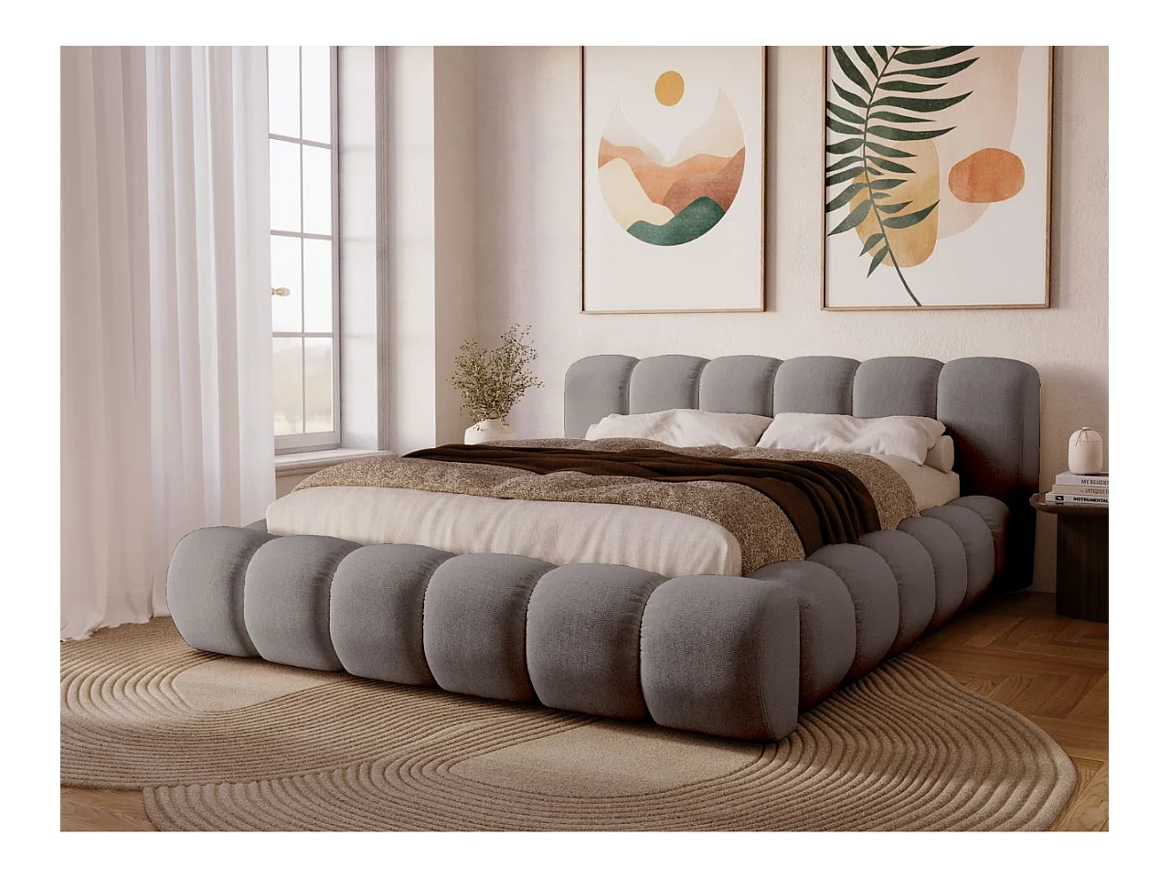 Lit rembourré avec rangement - 120 x 200 - lit double - velours - gris - Doria