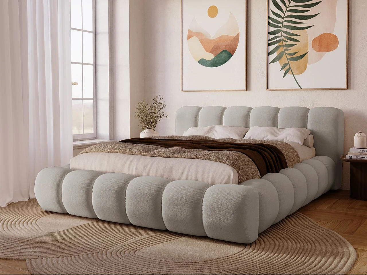 Lit rembourré avec rangement - 140 x 200 - lit double - velours - gris clair - Doria